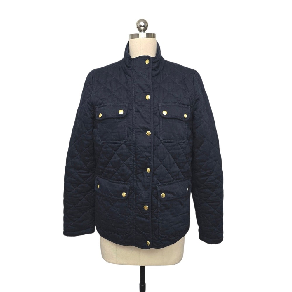 J.Crew Mercantile Womens Navy Blue Quilted Field Jacket Gold Snaps Size Medium